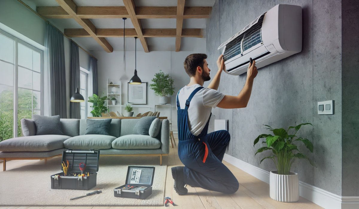 A technician performing maintenance on an air conditioner, inspecting its components with a toolbox nearby.