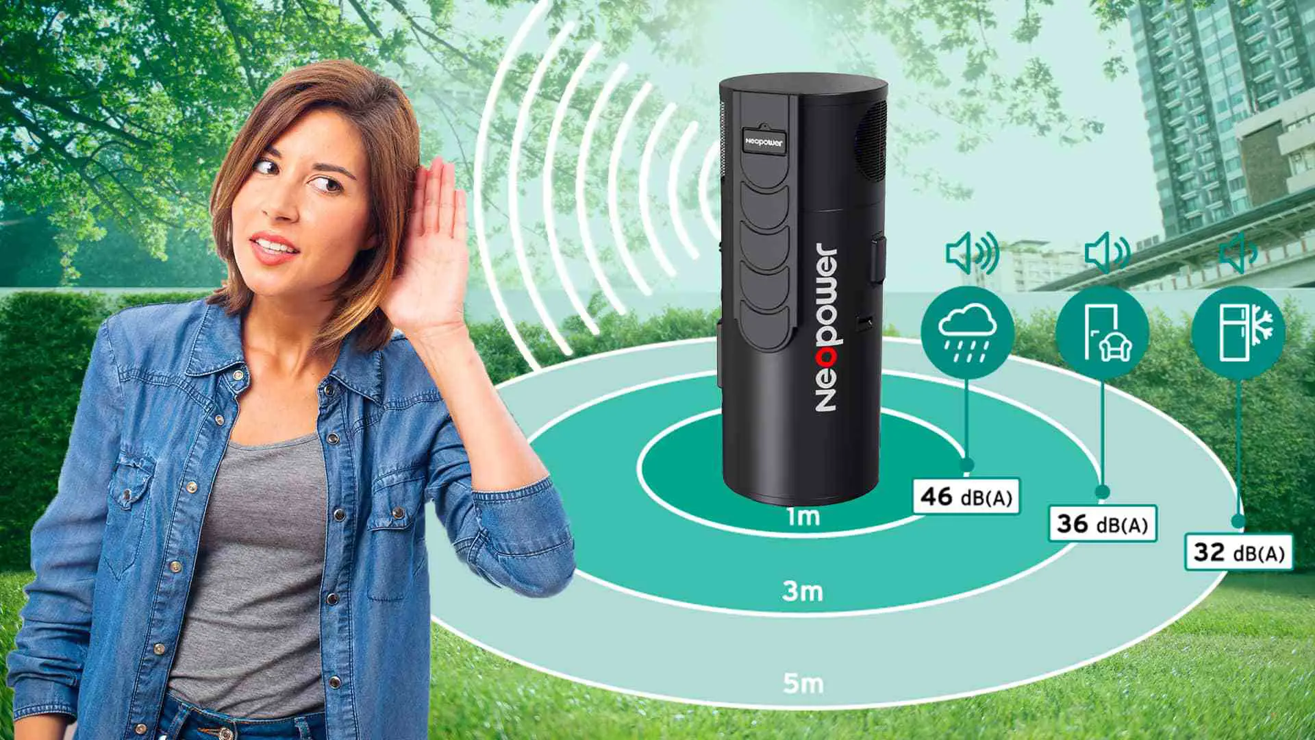 Woman standing near a heat pump outside her home, listening to its operational sound.