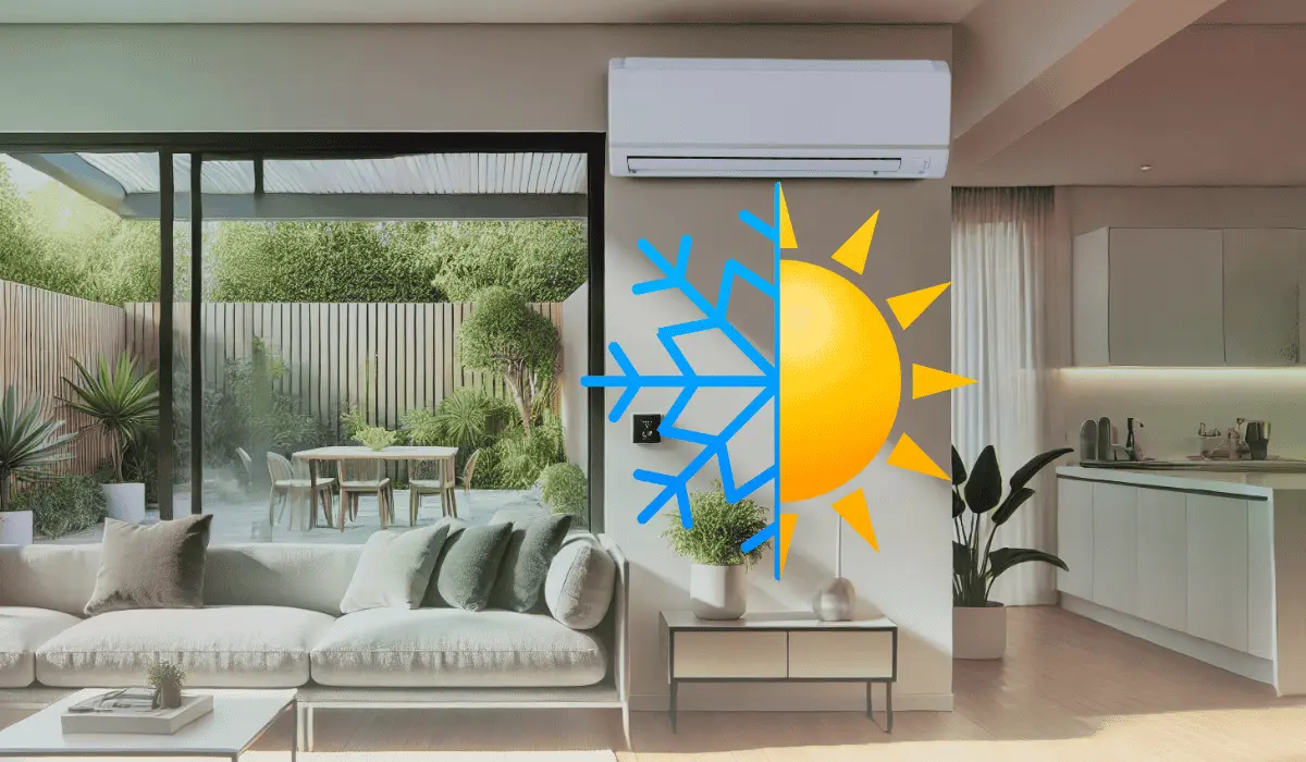 Reverse cycle air conditioner icon featuring a half snowflake and half sun, symbolizing cooling and heating functions.