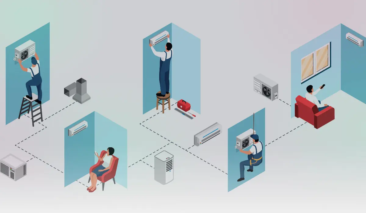 Cartoon technician measuring room size for selecting the right air conditioner