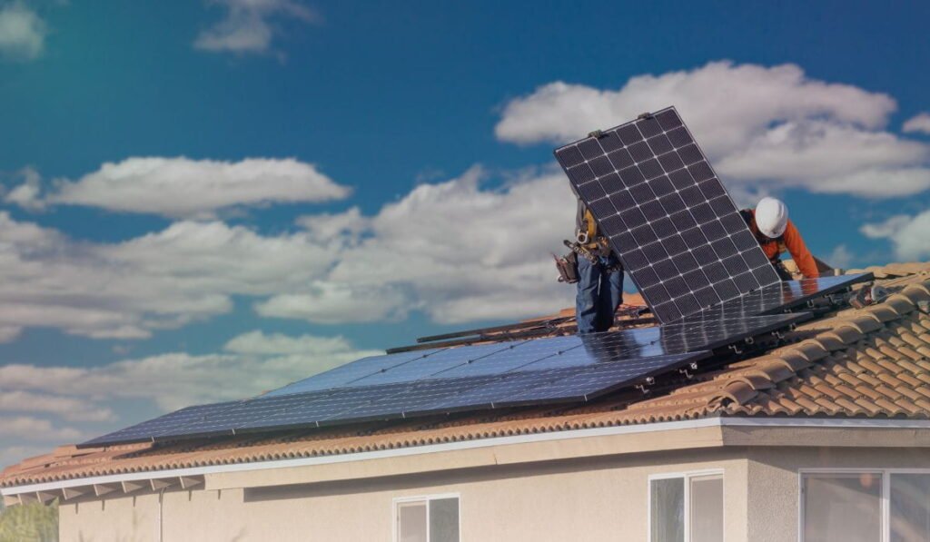 Technicians installing solar panels on the roof of a house in Victoria, Australia.