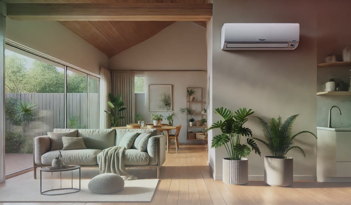 A luxurious living room with perfect lighting showcasing a sleek split air conditioner blending seamlessly with the decor