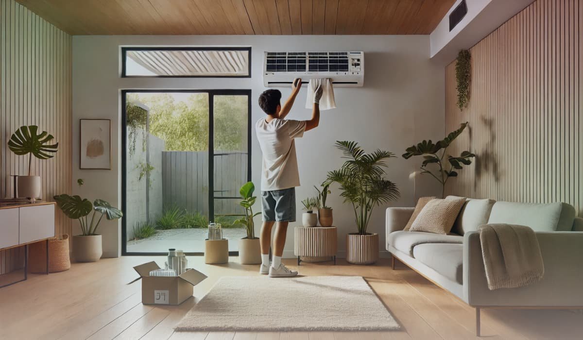 Person cleaning a wall-mounted air conditioner in a living room.