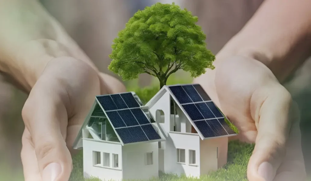 Hands holding a miniature eco-friendly neighborhood with houses equipped with solar panels and a tree growing in the background, symbolizing sustainability and green energy