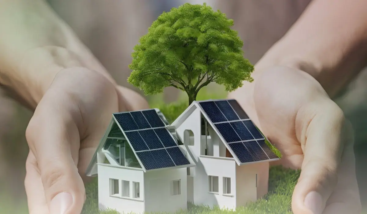 Hands holding a miniature eco-friendly neighborhood with houses equipped with solar panels and a tree growing in the background, symbolizing sustainability and green energy