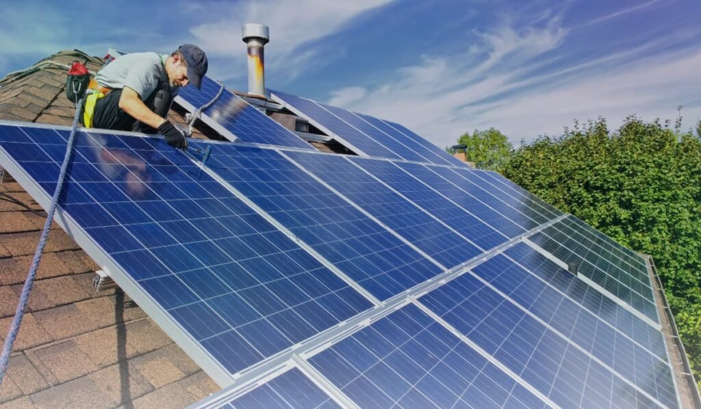 Technician installing solar panels on a residential rooftop under a blue sky.