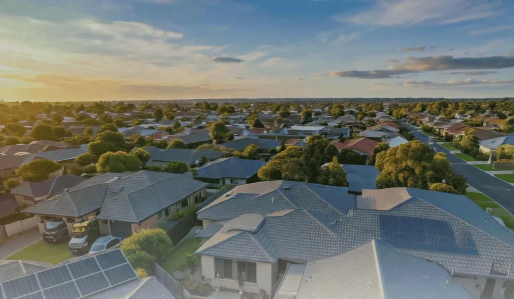 Aerial view of a suburban neighborhood in Victoria, Australia, with homes featuring rooftop solar panels.