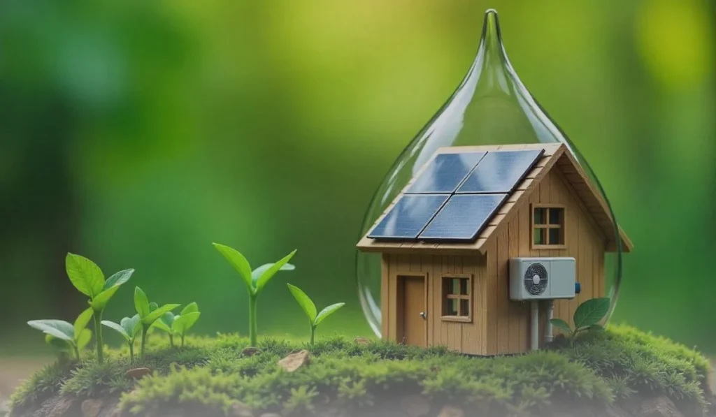 Eco-friendly house with solar panels and an air conditioning unit, surrounded by green plants and enclosed in a glass water droplet, symbolizing sustainability and energy efficiency.