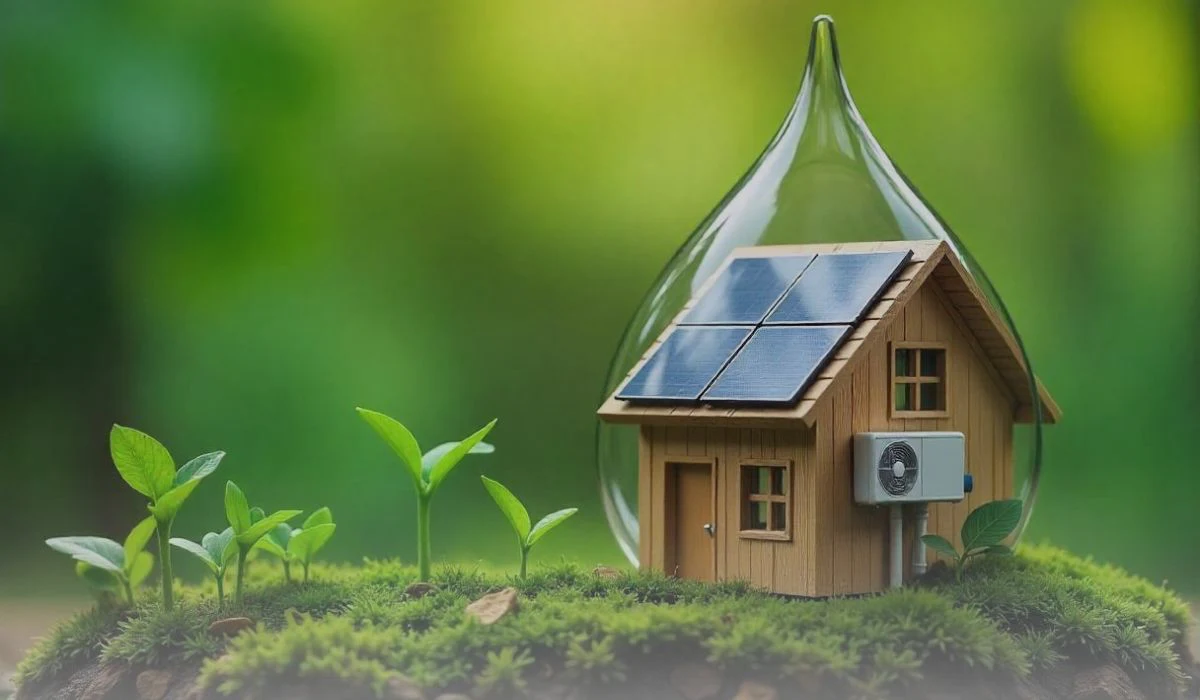 Eco-friendly house with solar panels and an air conditioning unit, surrounded by green plants and enclosed in a glass water droplet, symbolizing sustainability and energy efficiency.