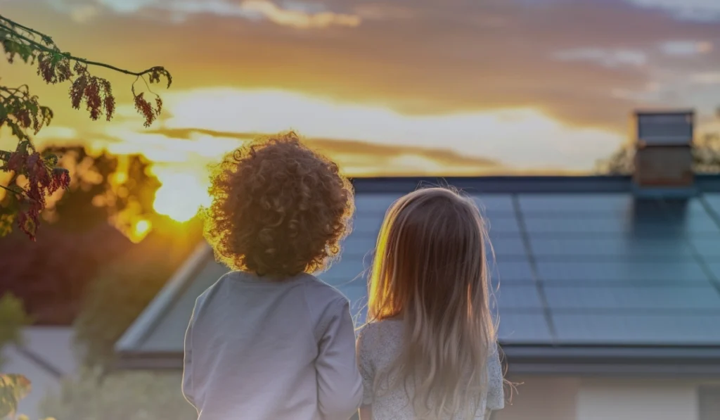 Two children looking at a rooftop with solar panels during sunset