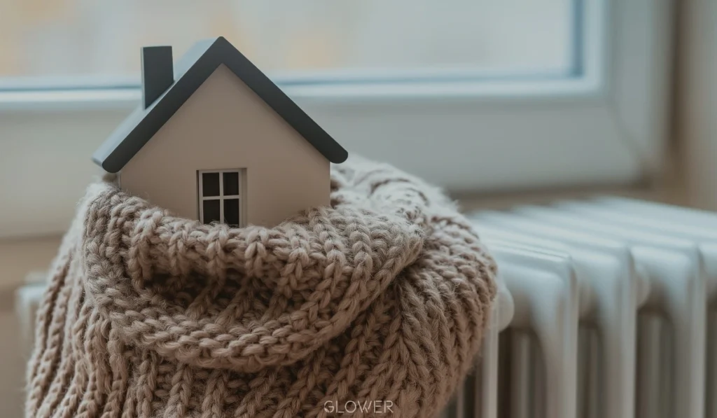 Miniature house wrapped in a wool scarf sitting on a radiator heater
