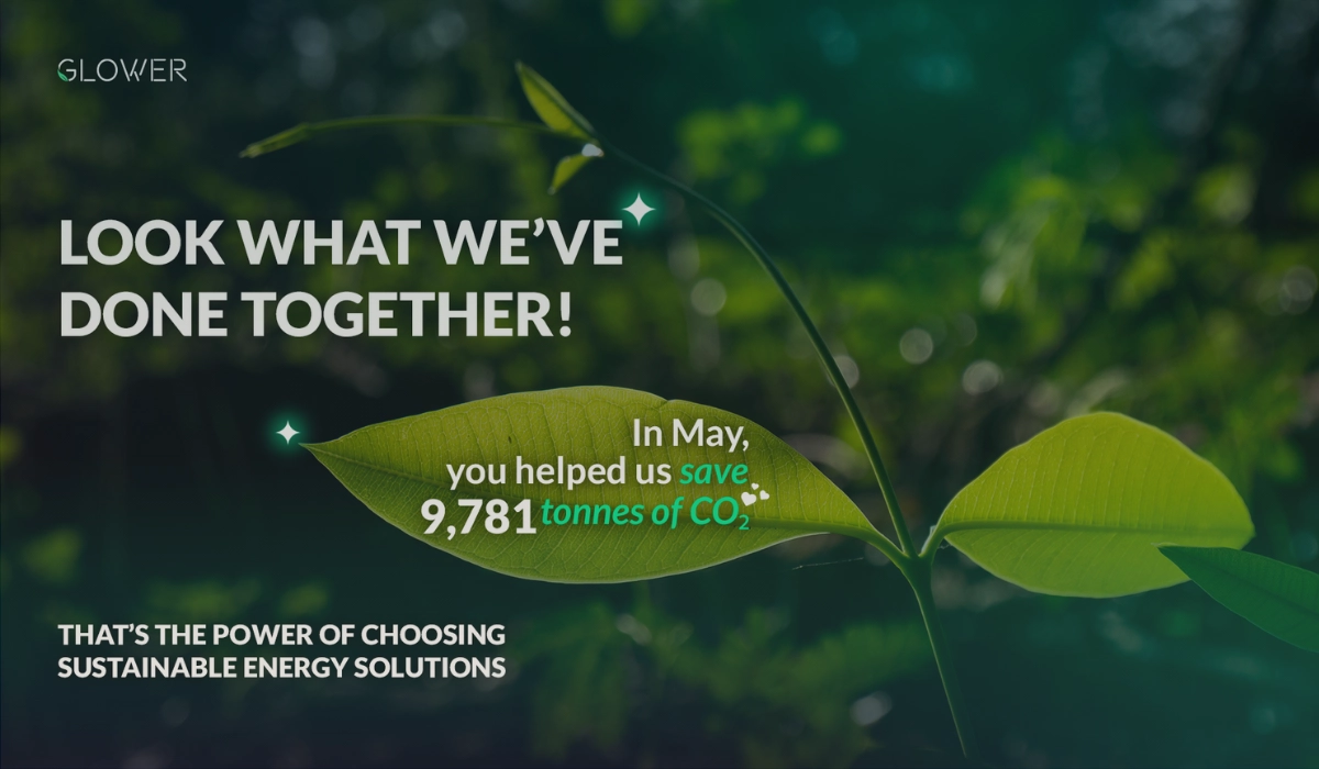 Green leaf with sustainability message showing CO₂ savings for May by Glower