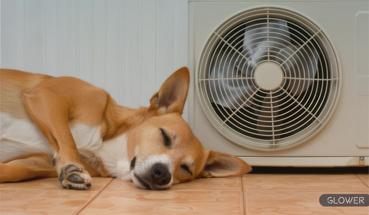 Dog sleeping peacefully on the floor next to an air conditioning unit.