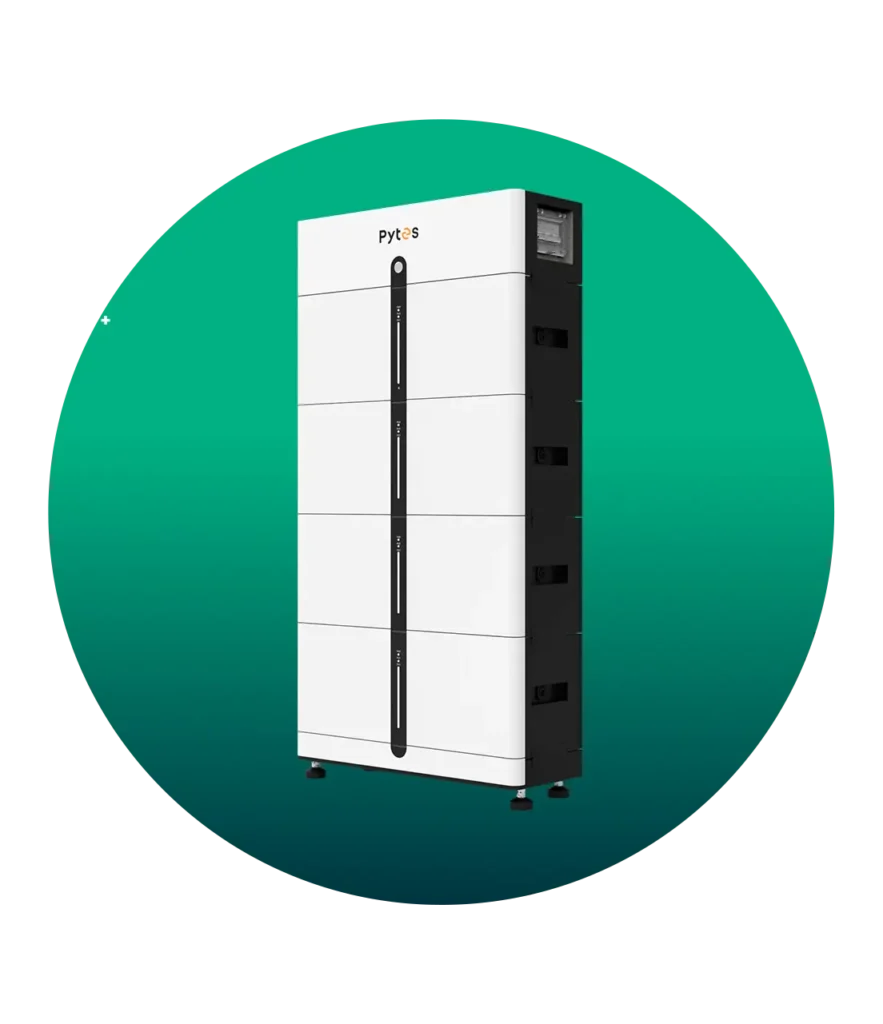 Pytes white and black modular solar battery unit with green circular background