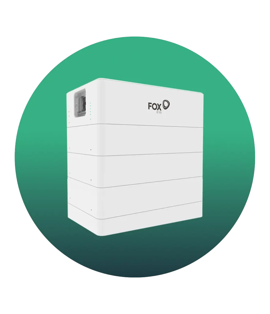 FOX ESS modular solar battery for home energy storage on green gradient background