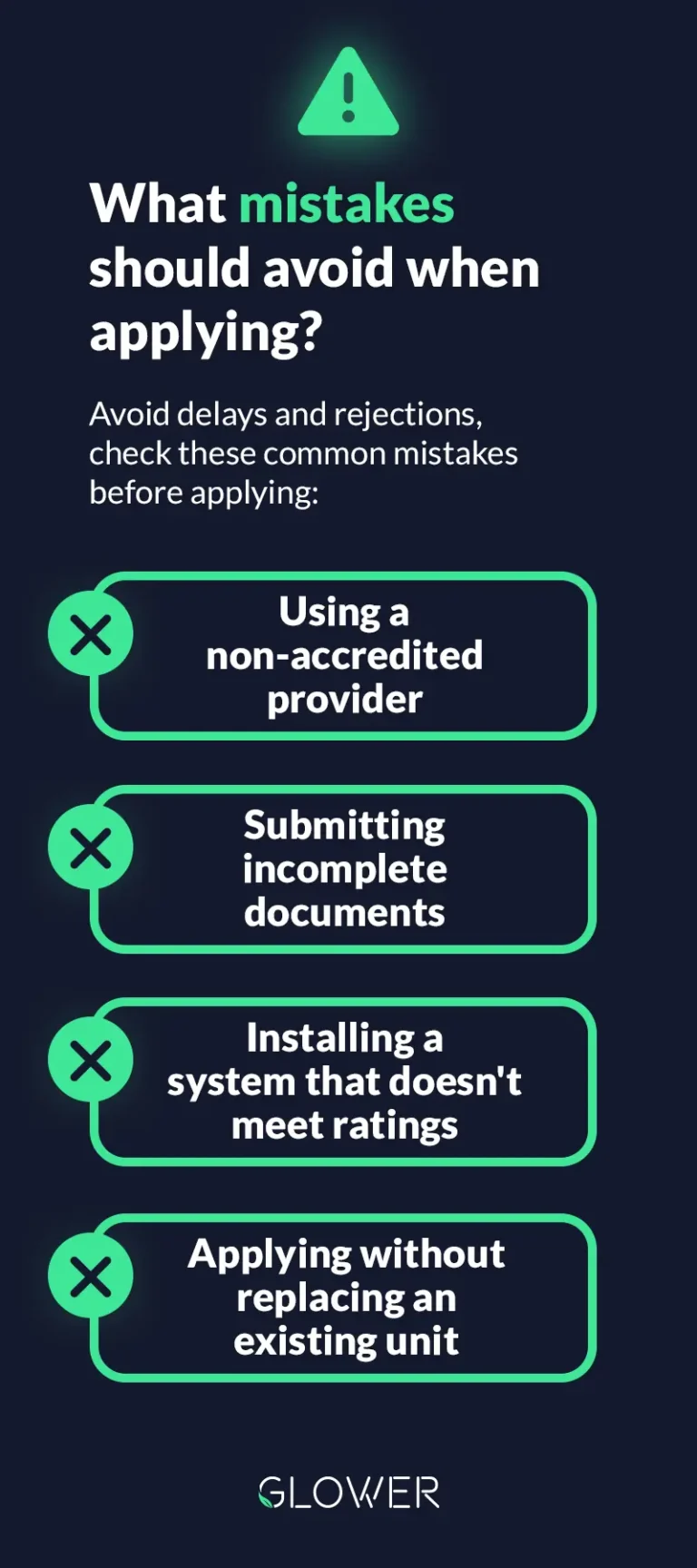 Common mistakes to avoid when applying for solar rebates, including using non-accredited providers and incomplete documents.