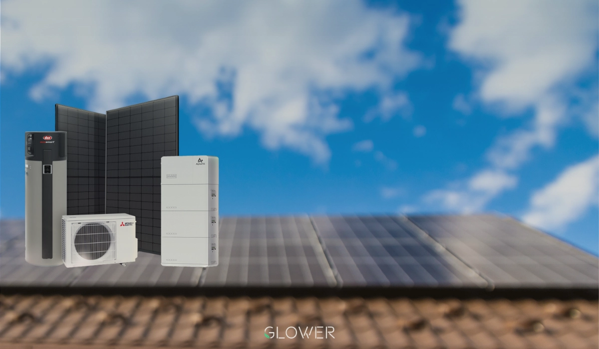 Rooftop solar panels with hot water system, battery storage, and air conditioning unit by Glower