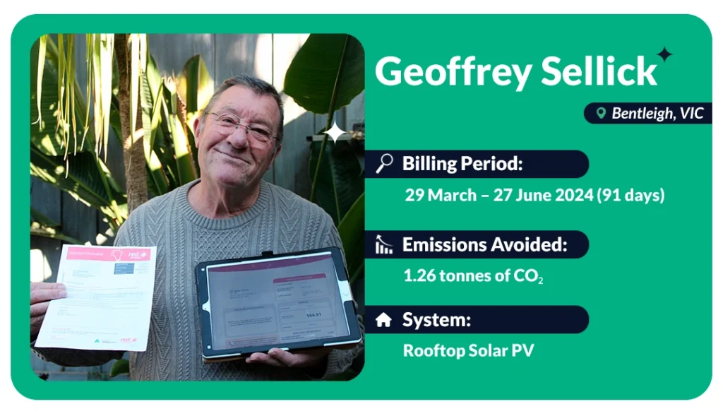Geoffrey Sellick from Bentleigh, VIC holding energy bill and tablet showing savings from rooftop solar PV system.