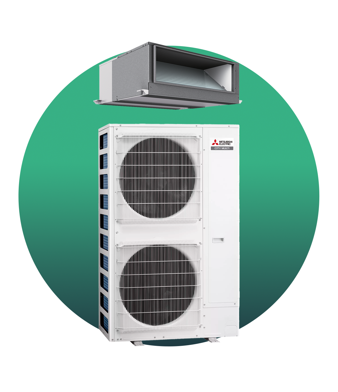 Panasonic ducted air conditioning system with outdoor unit and ceiling cassette, displayed on a green circular background.