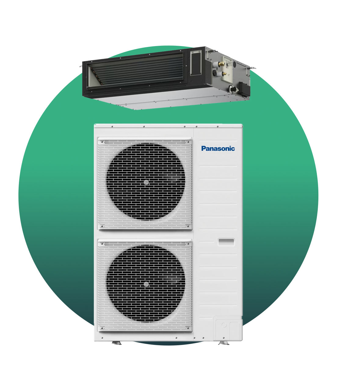 Panasonic ducted air conditioning system with outdoor unit and ceiling cassette, displayed on a green circular background.