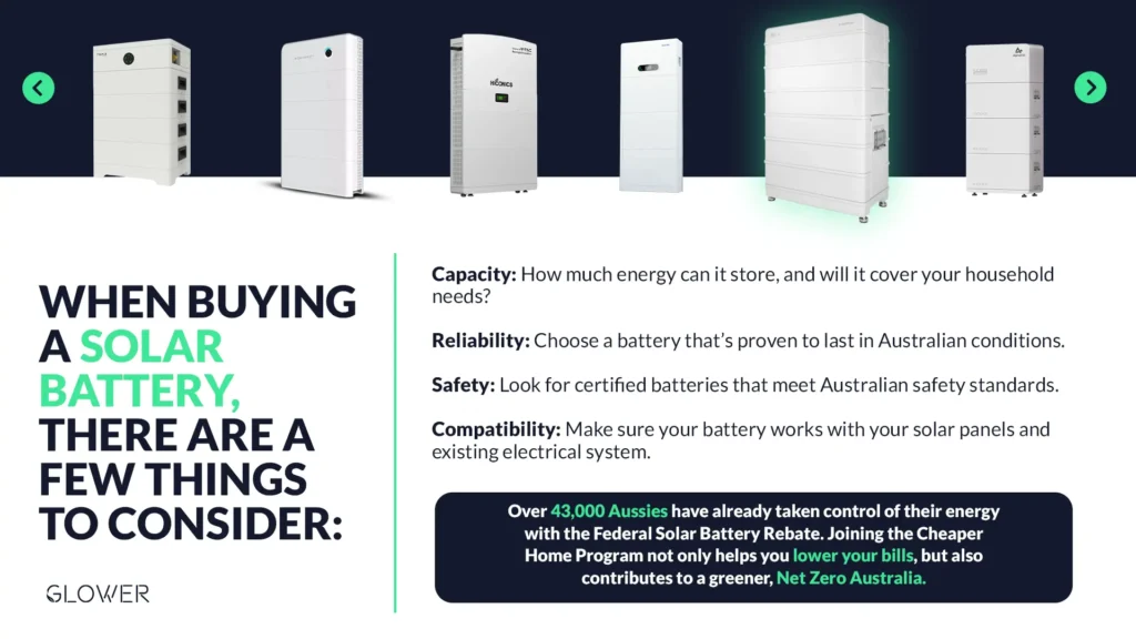 Key factors when buying a solar battery in Australia: capacity, reliability, safety, compatibility, plus savings with the Federal Solar Battery Rebate and Cheaper Home Program.