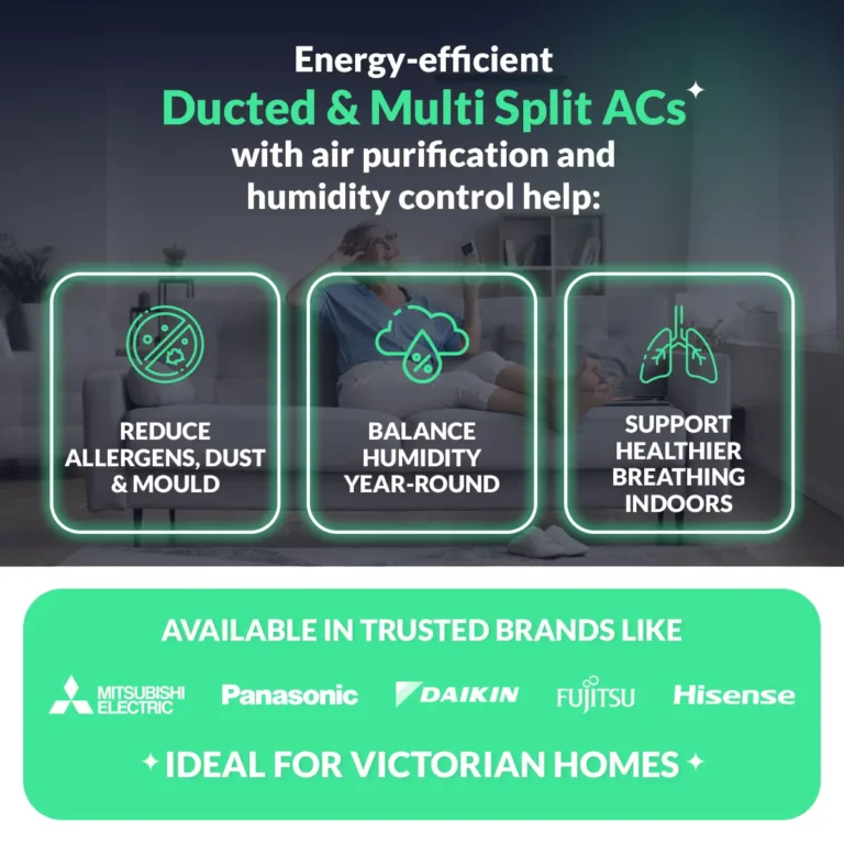 Energy-efficient ducted and multi-split air conditioners with air purification and humidity control for healthier indoor air in Victorian homes.