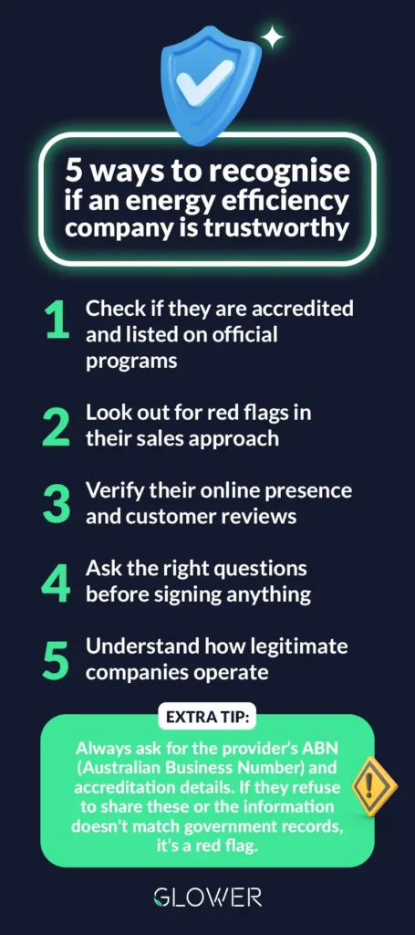 Infographic showing 5 tips to recognise if an energy efficiency company in Victoria or Queensland is trustworthy